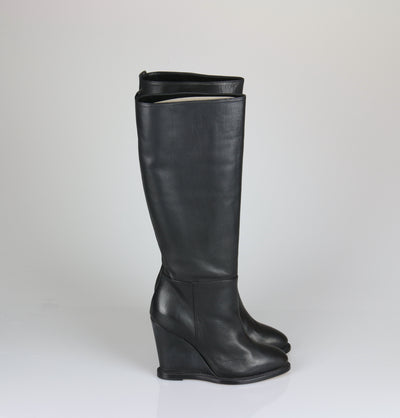 Black wedge leather boots