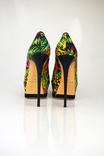 Tropical print platform heels