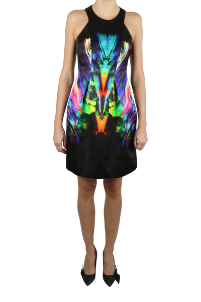 Digital print silk satin cocktail dress