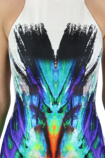 Digital print silk asymmetrical cocktail dress