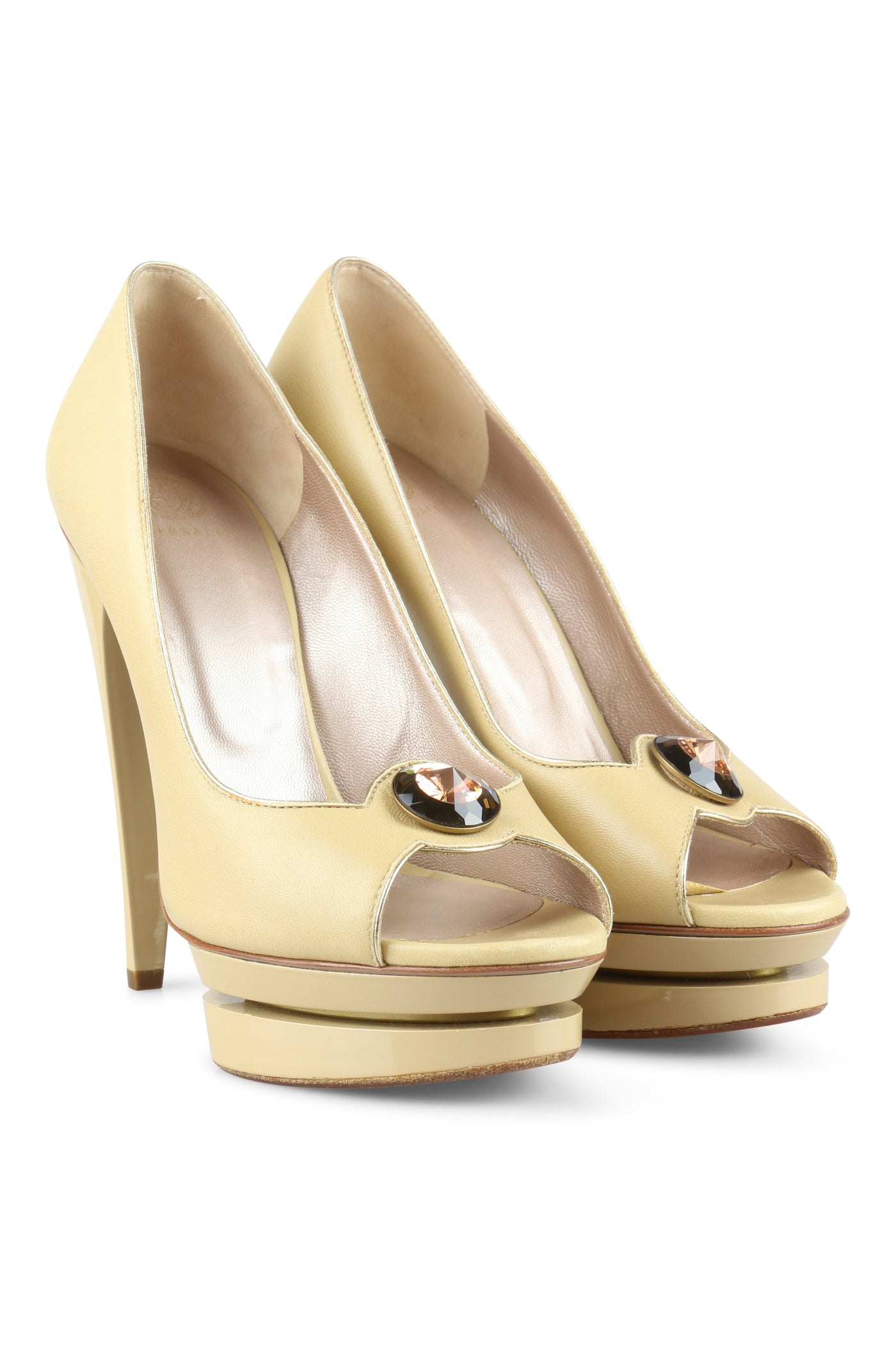 Bejewelled beige patent heels