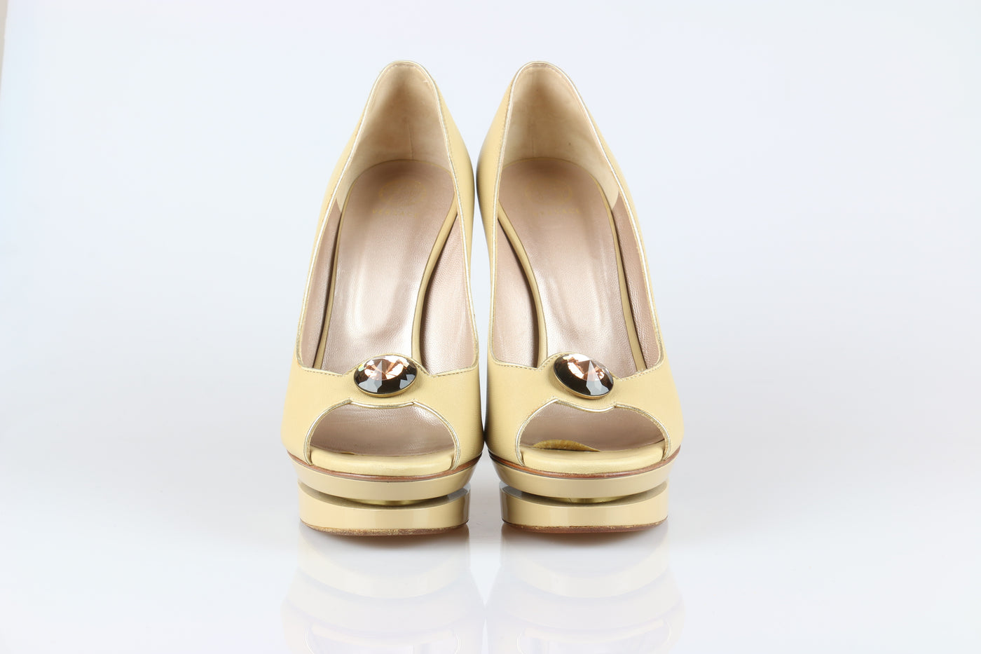Bejewelled beige patent heels