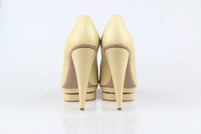 Bejewelled beige patent heels