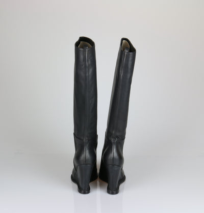 Black wedge leather boots