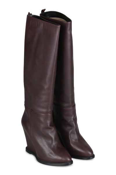 Burgundy wedge leather boots